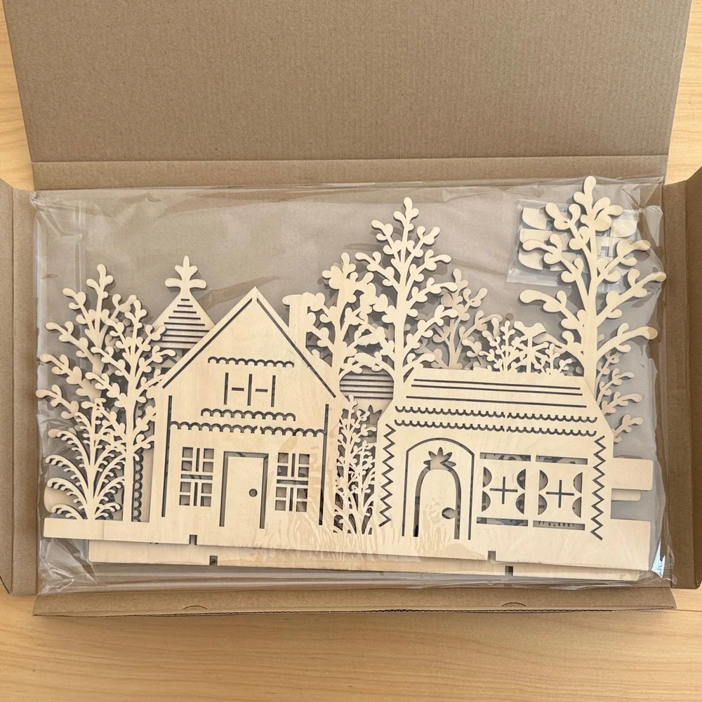 NWT Crate&Barrel 3 piece laser cut wood village